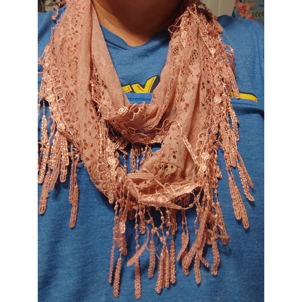 Womens Dusty Rose Pink Floral Lace Infinity Scarf with Fringe Trim Boho‎ Sheer